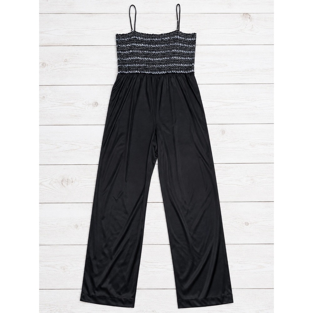 Vintage Jumpsuit Sequin Bodice Spaghetti Strap Wide Leg Disco Party Black 13/14